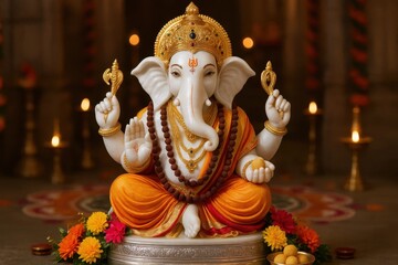 Ornate Ganesha statue with golden crown and offerings, surrounded by lamps.
