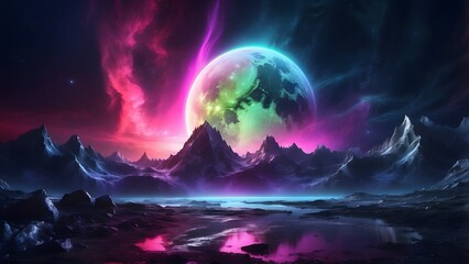 A glowing aurora spreading across the surface of a moon. Cinematic theme, HDR, Vibrant