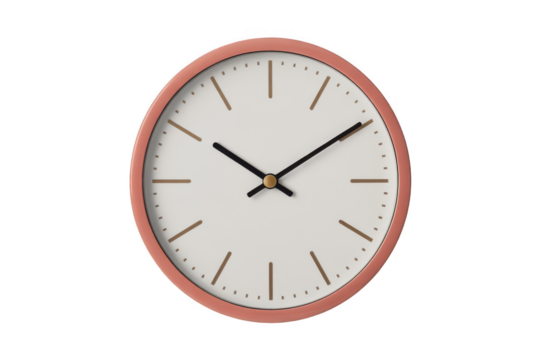 Minimalist Round Wall Clock with Pink Frame and White Face time timepiece isolated on a transparent background