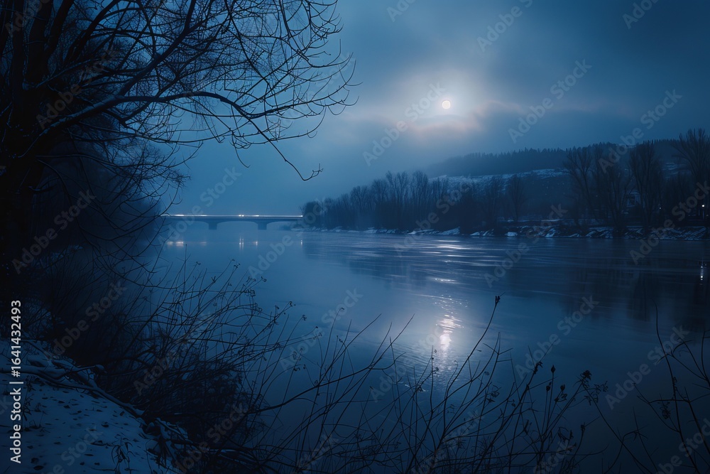 Poster moon reflecting on river surface at night near bridge with snow and trees