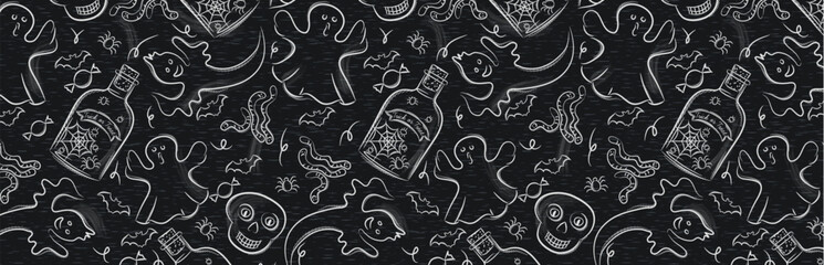 Black banner with halloween decoration. Halloween greeting banner. Horizontal halloween background, headers, posters, cards, website. Vector illustration