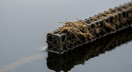 A weathered rectangular structure partially submerged in water with plant debris on top surface - ia generated