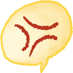 Hand drawn watercolor illustration of angry emoji face inside yellow speech bubble, with red angry emoticon and soft textured border, isolated on transparent background.