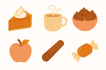 Cozy Minimalist Autumn Food Icons: Pumpkin Pie, Cider, Chestnuts & More