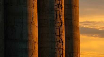 Three weathered concrete pillars against a golden sky with visible cracks and rebar details seen - ia generated