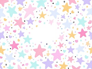 Whimsical star and heart pattern.  A vibrant frame of pastel stars, hearts, and dots on a white background creates a celebratory, childlike design