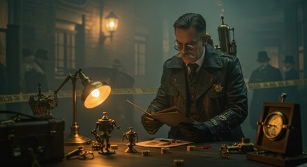 An investigator meticulously reviews evidence at his desk in a dimly lit setting, possibly the scene of a crime