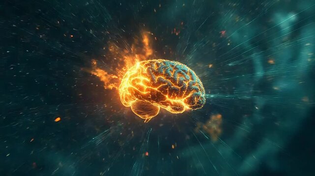 Human brain glowing and generating energy and particles in the dark universe