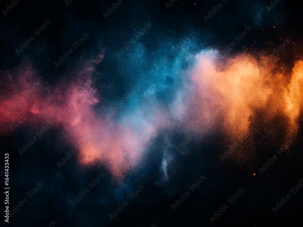 Poster abstract particles animation with vibrant colors against a dark backdrop creating dynamic visual