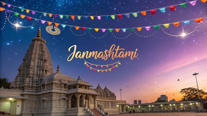 Vector Grreting card with Hand lettering composition of Happy Janmashtami. High quality