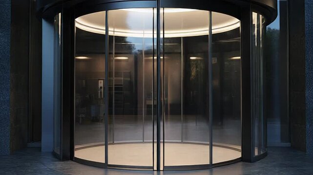 Revolving door entrance of modern office building at dusk