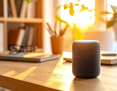 Smart Speaker Stand on a Wooden Desk in a Home Office Setup