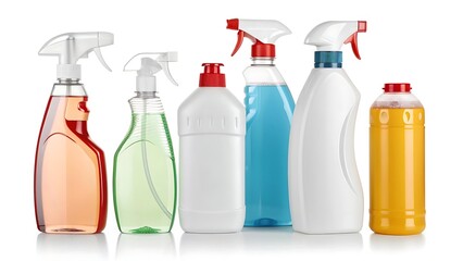 Assortment of cleaning product bottles on white background