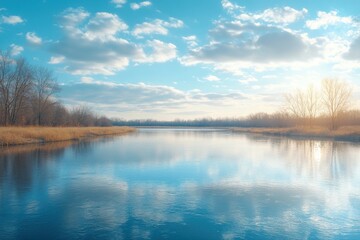 Fototapeta premium Calm River Scene Reflects Sky Tranquil Water Landscape Natural Light on transparent background