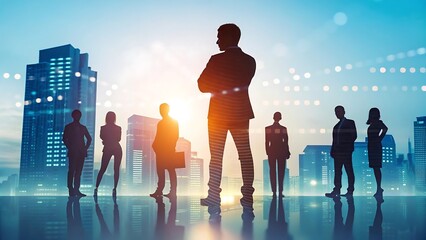Silhouettes of business people standing in modern cityscape with futuristic digital overlay representing leadership and teamwork
