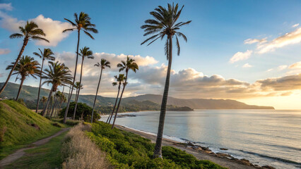 Stunning Hawaiian Coastal Landscape During Sunset with Palm Trees and Ocean Waves