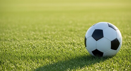 Fototapeta premium Soccer ball resting peacefully on vibrant green grass capturing the serenity of sport