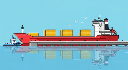 Obraz premium Stylized depiction of a cargo ship being assisted by a tugboat in a harbor