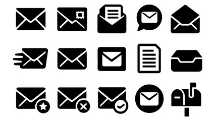 Collection of mail envelope and message icons in modern silhouette style