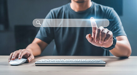 Man using a digital search bar on a futuristic interface