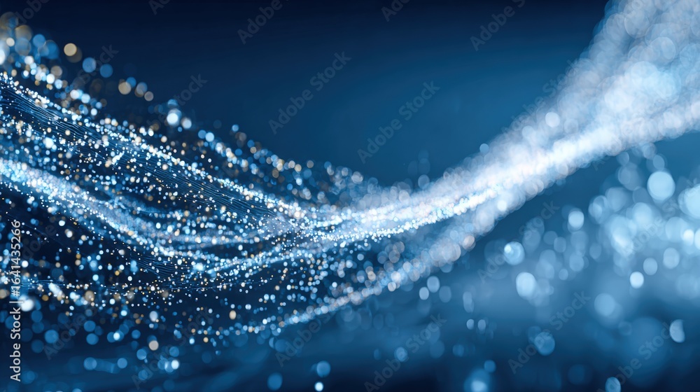 Poster abstract particle stream: dynamic blue and gold flowing wave for modern technology and design
