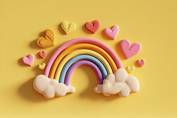 Colorful rainbow with hearts and clouds on a yellow background