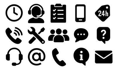 Communication and support icon set: silhouette style with essential symbols