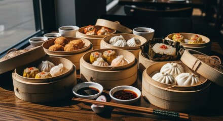 Dim sum variety served in stacked bamboo steamers on a wooden table