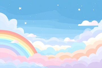 Fototapeta premium Pastel rainbow sky with fluffy clouds and stars