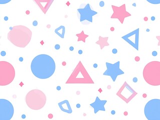 Whimsical geometric pattern of pastel shapes on white