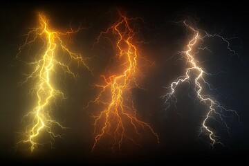 Three vibrant lightning bolts, varying in color from golden yellow to orange-red to pale gray-white, against a dark background.  Each bolt has a complex, branching structure