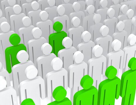 A single green figure amidst many white and gray
