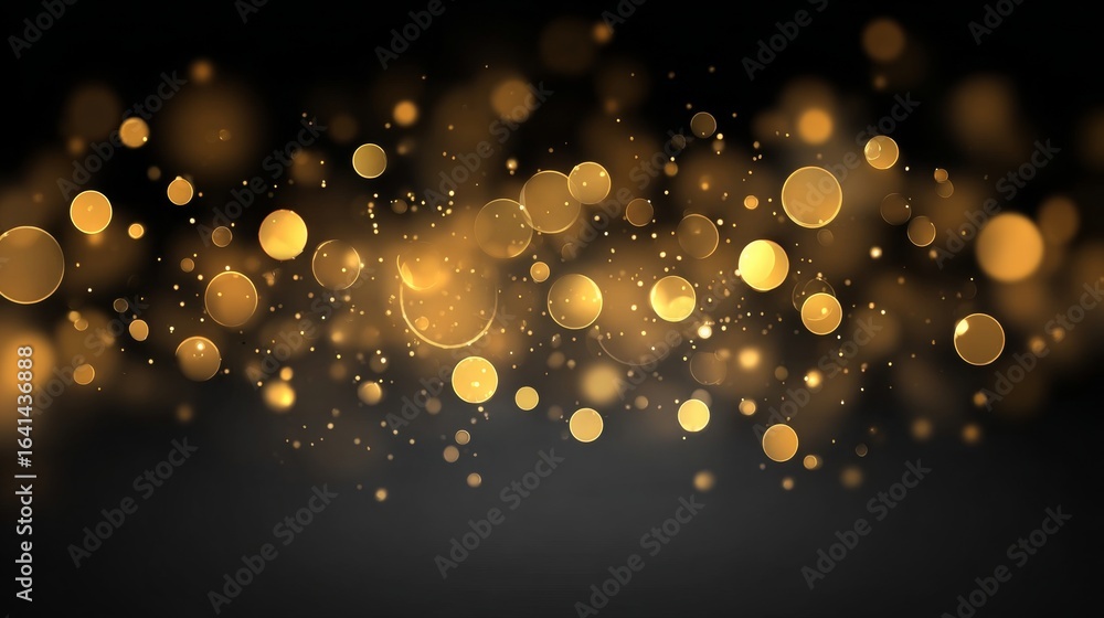 Poster golden glimmer background with magical bokeh effect floating gently against a dark backdrop