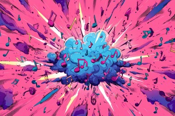 A vibrant, cartoonish explosion of musical notes.  