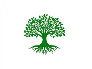 Obraz premium Green stylized tree logo, full of leaves and roots, on white background