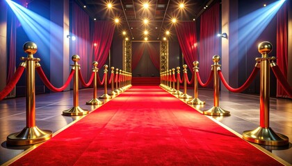 A glamorous red carpet pathway lined with golden stanchions and ropes