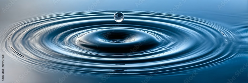 Poster a majestic water drop falling into a calm pond, creating serene ripples and beautiful patterns