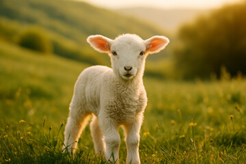Cute lamb standing in a lush green meadow at sunset