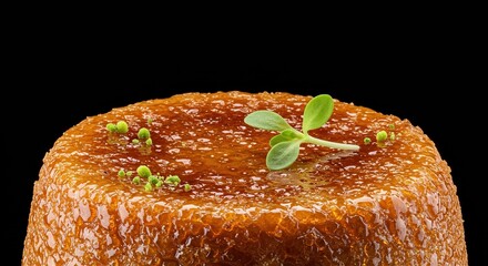 Close up of a glistening dessert with a plant garnish against a solid dark colored setting area - ia generated