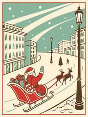 Santa Claus riding a sleigh with reindeer delivering presents through a winter cityscape