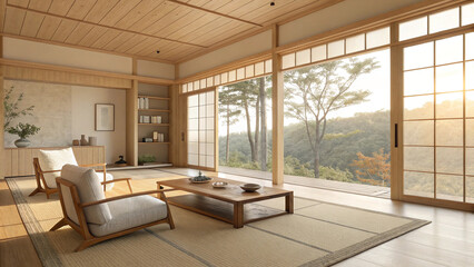 Tranquil Japanese Living Room With Natural Light And Scenic View