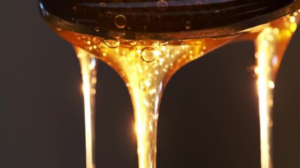 A macro shot of golden honey dripping from a dark spoon. This viscous, sticky amber liquid flows in thick streams, glistening with bubbles. - Powered by Adobe