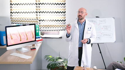 A professional hair transplant doctor is giving a presentation in the conference room. A man in a...
