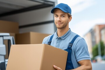 A smiling delivery worker carrying a box, showcasing professionalism in logistics and transportation services.