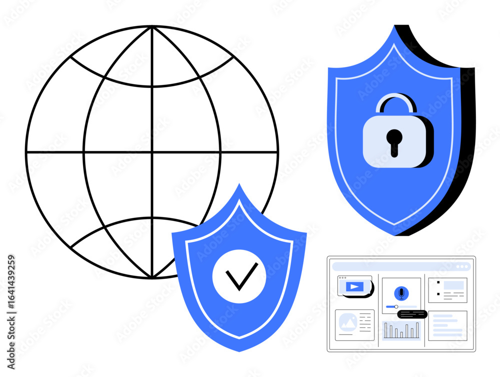 Poster globe symbolizing global connection, shields with lock and checkmark for security, and a digital scr