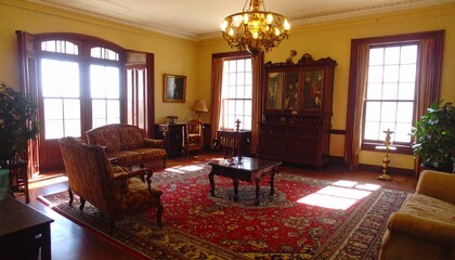 Step back in time with this elegant vintage parlor featuring antique furniture and rich textures in golden light