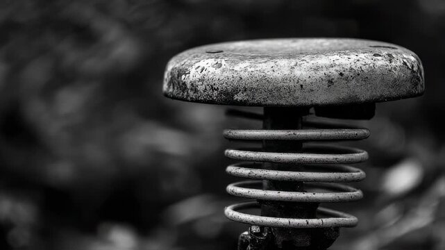 Monochrome metal spring seat object showcasing a rusty texture and blurred background in a close