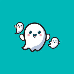 Cute trio ghost vector illustration. Adorable cartoon ghosts with smiles, floating on turquoise background.