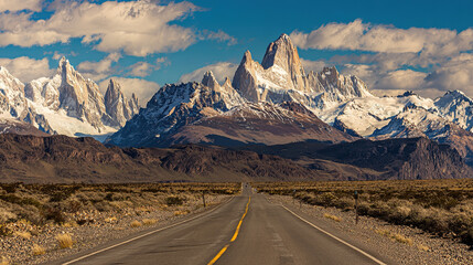 Straight Road with Yellow Divider Leading to Snow-Capped Mountains and Vast Wilderness, Conveying Exploration and Nature's Grandeur
