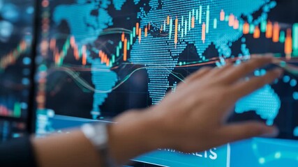 Hand interacting with global stock market interface showing financial data and world map - Powered by Adobe